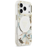 Husă pentru iPhone 17 Pro / iPhone 18 Pro, Guess IML Glitter Flowers Triangle MagSafe, Albă