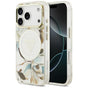 Husă pentru iPhone 17 Pro / iPhone 18 Pro, Guess IML Glitter Flowers Triangle MagSafe, Albă