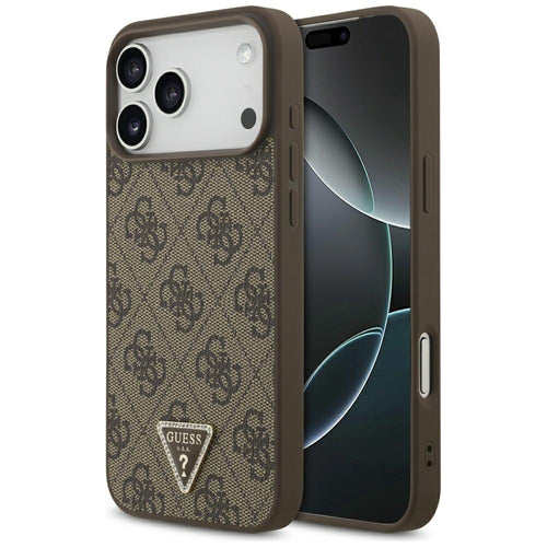 Husă pentru iPhone 17 Pro Max / iPhone 18 Pro Max, Guess Leather 4G Triangle Strass MagSafe, Maro