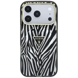 Husă pentru iPhone 17 Pro Max / iPhone 18 Pro Max, Guess Zebra Glitter Triangle Logo MagSafe, Argintie
