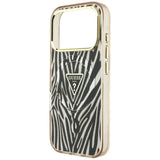Husă pentru iPhone 17 Pro / iPhone 18 Pro, Guess Zebra Glitter Triangle Logo MagSafe, Aurie
