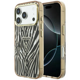 Husă pentru iPhone 17 Pro / iPhone 18 Pro, Guess Zebra Glitter Triangle Logo MagSafe, Aurie