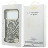 Husa pentru iPhone 17 Pro Max / iPhone 18 Pro Max, Guess Zebra Glitter Triangle Logo MagSafe, Aurie