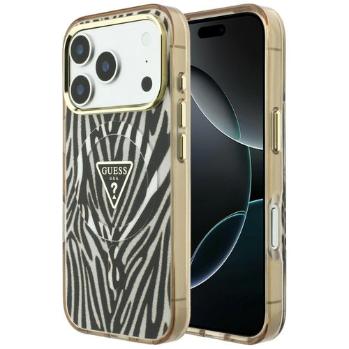 Husa pentru iPhone 17 Pro Max / iPhone 18 Pro Max, Guess Zebra Glitter Triangle Logo MagSafe, Aurie