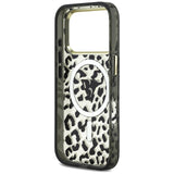 Husă pentru iPhone 17 Pro / iPhone 18 Pro, Guess Leopard Glitter Triangle Logo MagSafe, Neagră