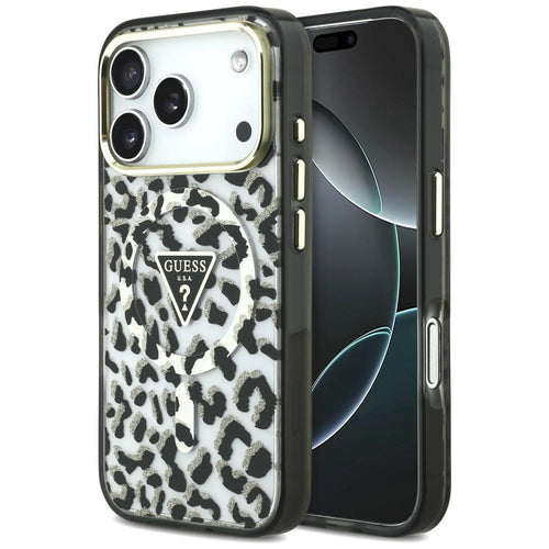 Husă pentru iPhone 17 Pro / iPhone 18 Pro, Guess Leopard Glitter Triangle Logo MagSafe, Neagră