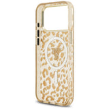 Husă pentru iPhone 17 Pro / iPhone 18 Pro, Guess Leopard Glitter Triangle Logo MagSafe, Maro