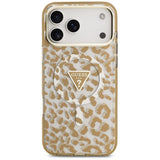 Husă pentru iPhone 17 Pro / iPhone 18 Pro, Guess Leopard Glitter Triangle Logo MagSafe, Maro