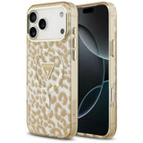 Husă pentru iPhone 17 Pro / iPhone 18 Pro, Guess Leopard Glitter Triangle Logo MagSafe, Maro