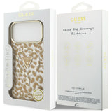 Husă pentru iPhone 17 Pro Max / iPhone 18 Pro Max, Guess Leopard Glitter Triangle Logo MagSafe, Maro