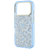 Husă pentru iPhone 17 Pro / iPhone 18 Pro, Guess Leopard Glitter Triangle Logo MagSafe, Albastru deschis