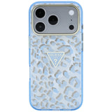 Husă pentru iPhone 17 Pro / iPhone 18 Pro, Guess Leopard Glitter Triangle Logo MagSafe, Albastru deschis
