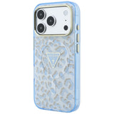 Husă pentru iPhone 17 Pro / iPhone 18 Pro, Guess Leopard Glitter Triangle Logo MagSafe, Albastru deschis