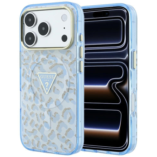 Husă pentru iPhone 17 Pro Max / iPhone 18 Pro Max, Guess Leopard Glitter Triangle Logo MagSafe, Bleu