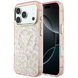 Husă pentru iPhone 17 Pro Max / iPhone 18 Pro Max, Guess Leopard Glitter Triangle Logo MagSafe, Roz