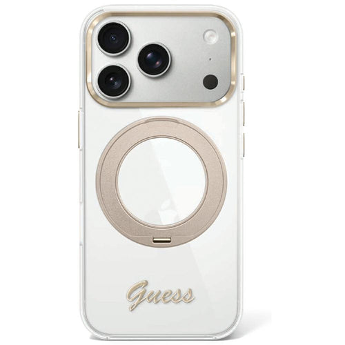 Husă pentru iPhone 17 Pro Max / iPhone 18 Pro Max, Guess Ring Stand Script Metal Logo MagSafe, Transparentă