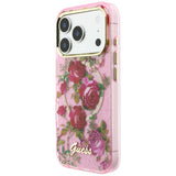 Husă pentru iPhone 17 Pro / iPhone 18 Pro, Guess IML Glitter Blossom Roses MagSafe, Roz