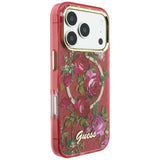 Husă pentru iPhone 17 Pro Max / iPhone 18 Pro Max, Guess IML Glitter Blossom Roses MagSafe, Bordo