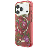 Husă pentru iPhone 17 Pro Max / iPhone 18 Pro Max, Guess IML Glitter Blossom Roses MagSafe, Bordo