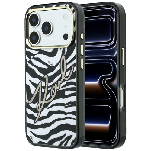 Husa pentru iPhone 17 Pro Max / iPhone 18 Pro Max, Karl Lagerfeld HC MagSafe IML Signature Zebra Glitter Gold, Neagra