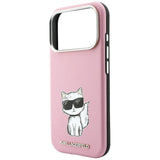 Husă pentru iPhone 17 Pro / iPhone 18 Pro, Karl Lagerfeld Smooth Leather Choupette Sketch MagSafe, Roz