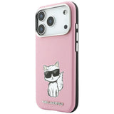 Husă pentru iPhone 17 Pro / iPhone 18 Pro, Karl Lagerfeld Smooth Leather Choupette Sketch MagSafe, Roz