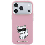 Husă pentru iPhone 17 Pro / iPhone 18 Pro, Karl Lagerfeld Smooth Leather Choupette Sketch MagSafe, Roz