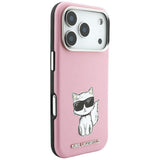 Husă pentru iPhone 17 Pro / iPhone 18 Pro, Karl Lagerfeld Smooth Leather Choupette Sketch MagSafe, Roz