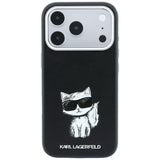 Husa pentru iPhone 17 Pro / iPhone 18 Pro, Karl Lagerfeld Smooth Leather Choupette Sketch MagSafe, Neagra