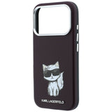 Husă pentru iPhone 17 Pro / iPhone 18 Pro, Karl Lagerfeld Smooth Leather Choupette Sketch MagSafe, Bordo