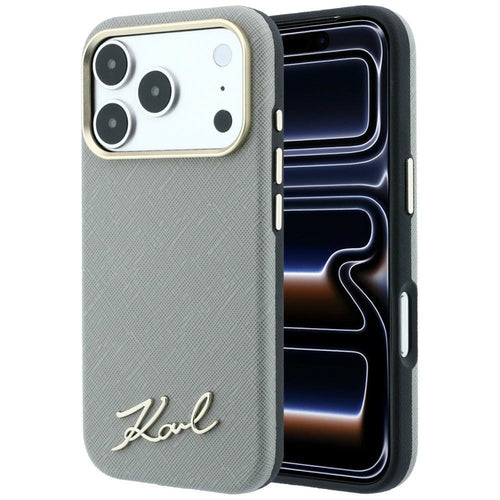 Husă pentru iPhone 17 Pro Max / iPhone 18 Pro Max, Karl Lagerfeld Saffiano Small Script Metal Logo MagSafe, Bej