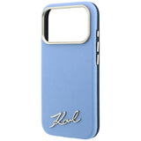 Husă pentru iPhone 17 Pro / iPhone 18 Pro, Karl Lagerfeld Saffiano Small Script Metal Logo MagSafe, Bleu