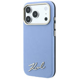 Husă pentru iPhone 17 Pro / iPhone 18 Pro, Karl Lagerfeld Saffiano Small Script Metal Logo MagSafe, Bleu