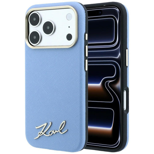 Husă pentru iPhone 17 Pro Max / iPhone 18 Pro Max, Karl Lagerfeld Saffiano Small Script Metal Logo MagSafe, Bleu