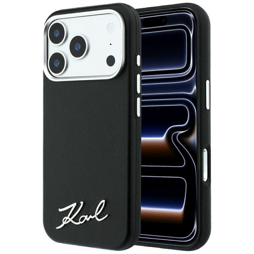Husă pentru iPhone 17 Pro Max / iPhone 18 Pro Max, Karl Lagerfeld Saffiano Small Script Metal Logo MagSafe, Neagră