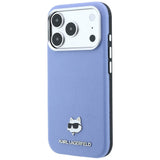 Husă pentru iPhone 17 Pro / iPhone 18 Pro, Karl Lagerfeld Grained Leather Choupette Head MagSafe, Albastru deschis