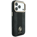 Husă pentru iPhone 17 Pro / iPhone 18 Pro, Guess Leather 4G Stripe Round Classic Logo MagSafe, Neagră
