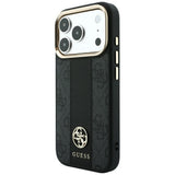 Husă pentru iPhone 17 Pro Max / iPhone 18 Pro Max, Guess Leather 4G Stripe Round Classic Logo MagSafe, Neagră