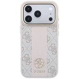 Husă pentru iPhone 17 Pro / iPhone 18 Pro, Guess Leather 4G Stripe Round Classic Logo MagSafe, Roz