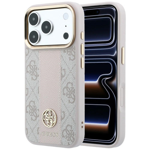 Husă pentru iPhone 17 Pro Max / iPhone 18 Pro Max, Guess Leather 4G Stripe Round Classic Logo MagSafe, Roz