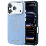 Husă pentru iPhone 17 Pro / iPhone 18 Pro, Guess Leather Perforated 4G MagSafe, Bleu