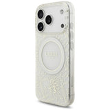 Husă pentru iPhone 17 Pro / iPhone 18 Pro, Guess IML Flowers Electroplated with Pearl Strap MagSafe, Albă