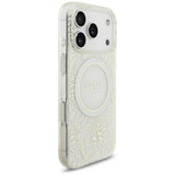 Husă pentru iPhone 17 Pro / iPhone 18 Pro, Guess IML Flowers Electroplated with Pearl Strap MagSafe, Albă