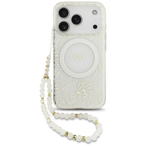 Husă pentru iPhone 17 Pro / iPhone 18 Pro, Guess IML Flowers Electroplated with Pearl Strap MagSafe, Albă