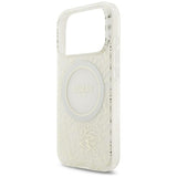 Husă pentru iPhone 17 Pro Max / iPhone 18 Pro Max, Guess IML Flowers Electroplated with Pearl Strap MagSafe, Albă