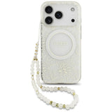 Husă pentru iPhone 17 Pro Max / iPhone 18 Pro Max, Guess IML Flowers Electroplated with Pearl Strap MagSafe, Albă