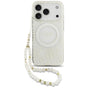 Husă pentru iPhone 17 Pro Max / iPhone 18 Pro Max, Guess IML Flowers Electroplated with Pearl Strap MagSafe, Albă