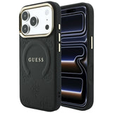 Husă pentru iPhone 17 Pro / iPhone 18 Pro, Guess Saffiano Peony & Ring MagSafe, Neagră