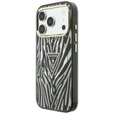 Husă pentru iPhone 17 Pro / iPhone 18 Pro, Guess Zebra Glitter Triangle Logo MagSafe, Argintie