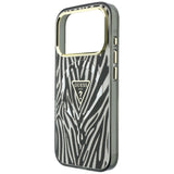 Husă pentru iPhone 17 Pro / iPhone 18 Pro, Guess Zebra Glitter Triangle Logo MagSafe, Argintie